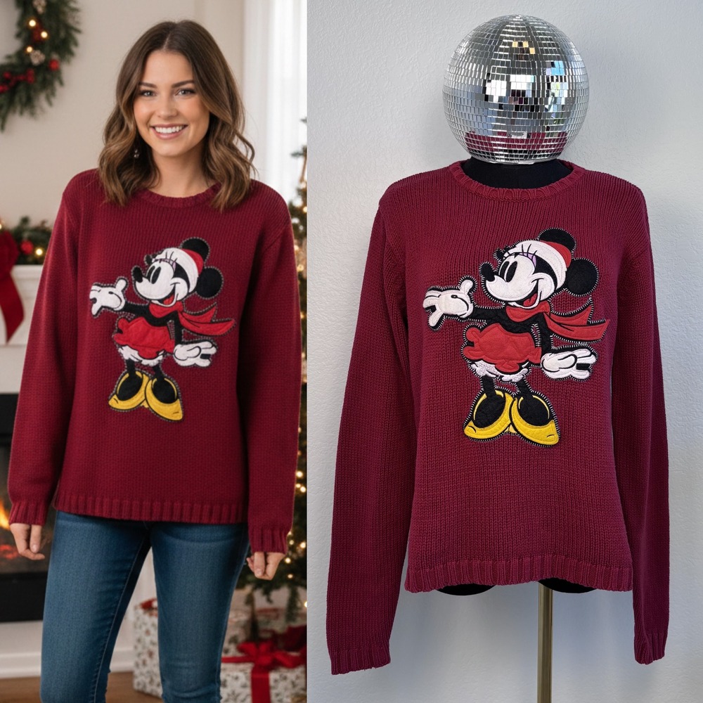 Vintage Disney Store Minnie Mouse Christmas‎ Sweater Burgundy Red Knit Medium